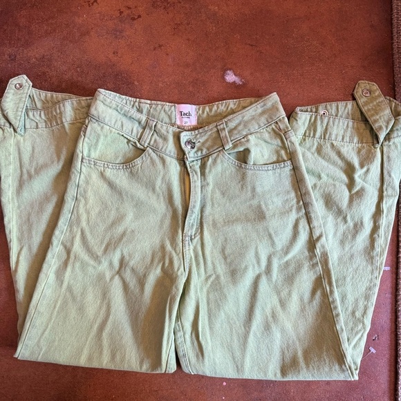 Tach Clothing Lime Green Cropped Hugh Waisted Wide Leg Buttoned Cuffs Jeans F - Picture 3 of 3